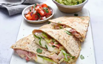 Ham and Cheese Quesadillas with Tomato Salsa and Avocado Mash