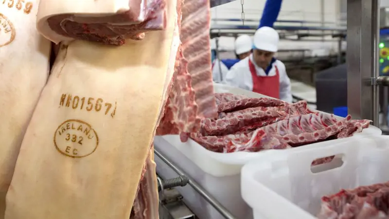 Various cuts of pork in a processing plant