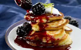 Organic Apple and Yoghurt Pancakes with Blackberry and Honey Sauce