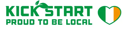 The kickstart proud to be local logo text alongside a heart shape in the colours of the Irish flag