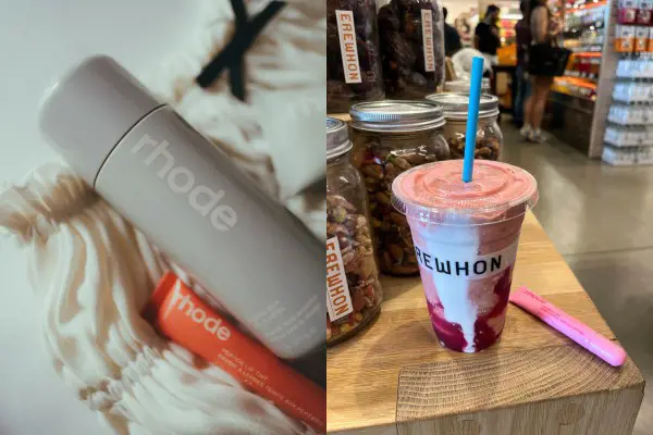 A collage image depicting Rhode makeup on left, and on the right a red and white iced drink on a counter in a grocery store, beside a Rhode lipgloss also on the counter.