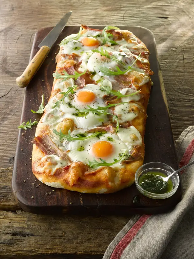 Bacon and Egg Pizza with Basil Oil