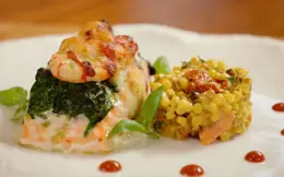 Neven's Gratin of Salmon with Prawns, Spinach and Pesto