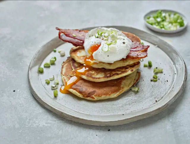 Savoury Pancakes with Smoked Bacon and Poached Eggs