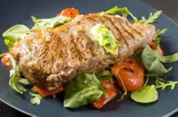 Steak with Herby Butter, Grilled Red Peppers and Salad