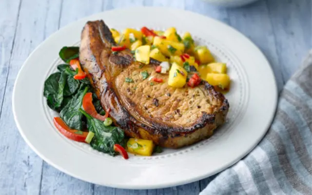 Pork Chops with Mango Salsa and Spinach