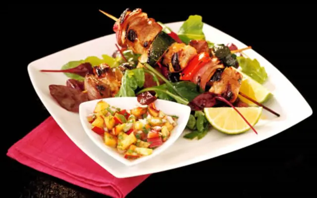 Pork Kebabs with Lime and Nectarine Salsa Dressing