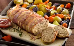 Pork Meatloaf with Roasted Vegetables and Tomato Sauce