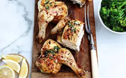 Spatchcock Chicken with Crispy Sliced Potatoes and Herby Oil Dressing