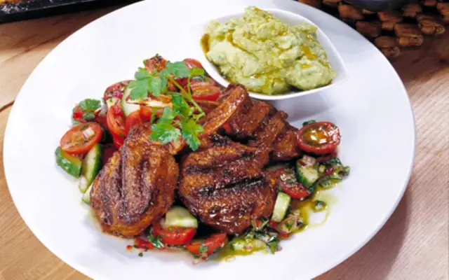 Spicy Lamb Cutlets with Guacamole and Cherry Tomato Salsa