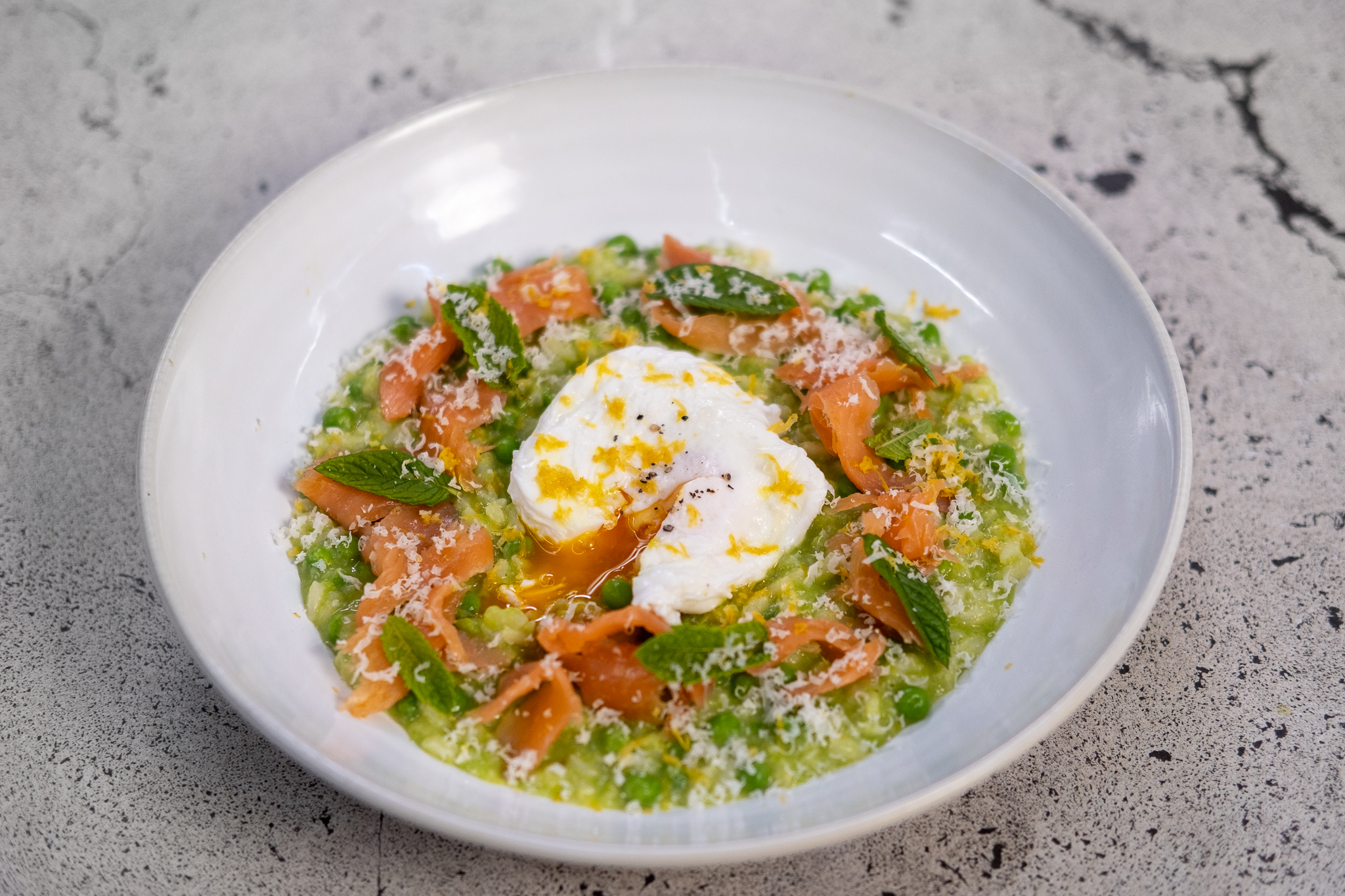 Mark’s Pea Risotto, Smoked Salmon and Poached Egg