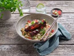 Sticky Pork Belly Strips with Egg Fried Rice