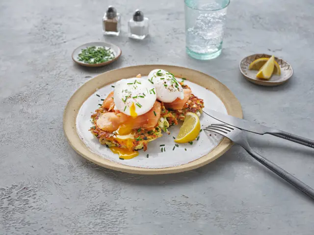 Potato and Cheese Fritters with Organic Smoked Salmon and Poached Eggs