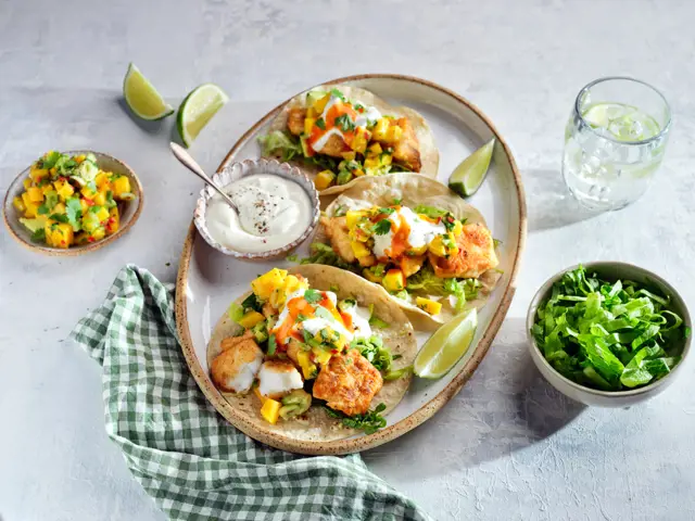 Fish Tacos with Mango and Avocado Salsa