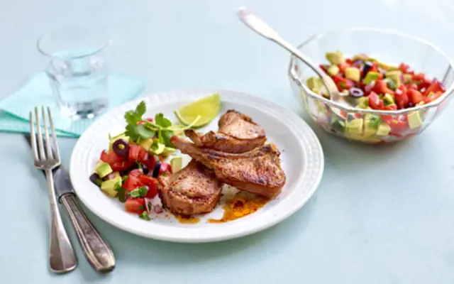 Spicy Lamb Cutlets with Avocado and Olive Salsa